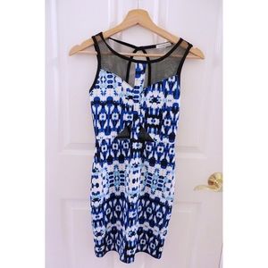 Blue and White Bodycon Dress with Mesh